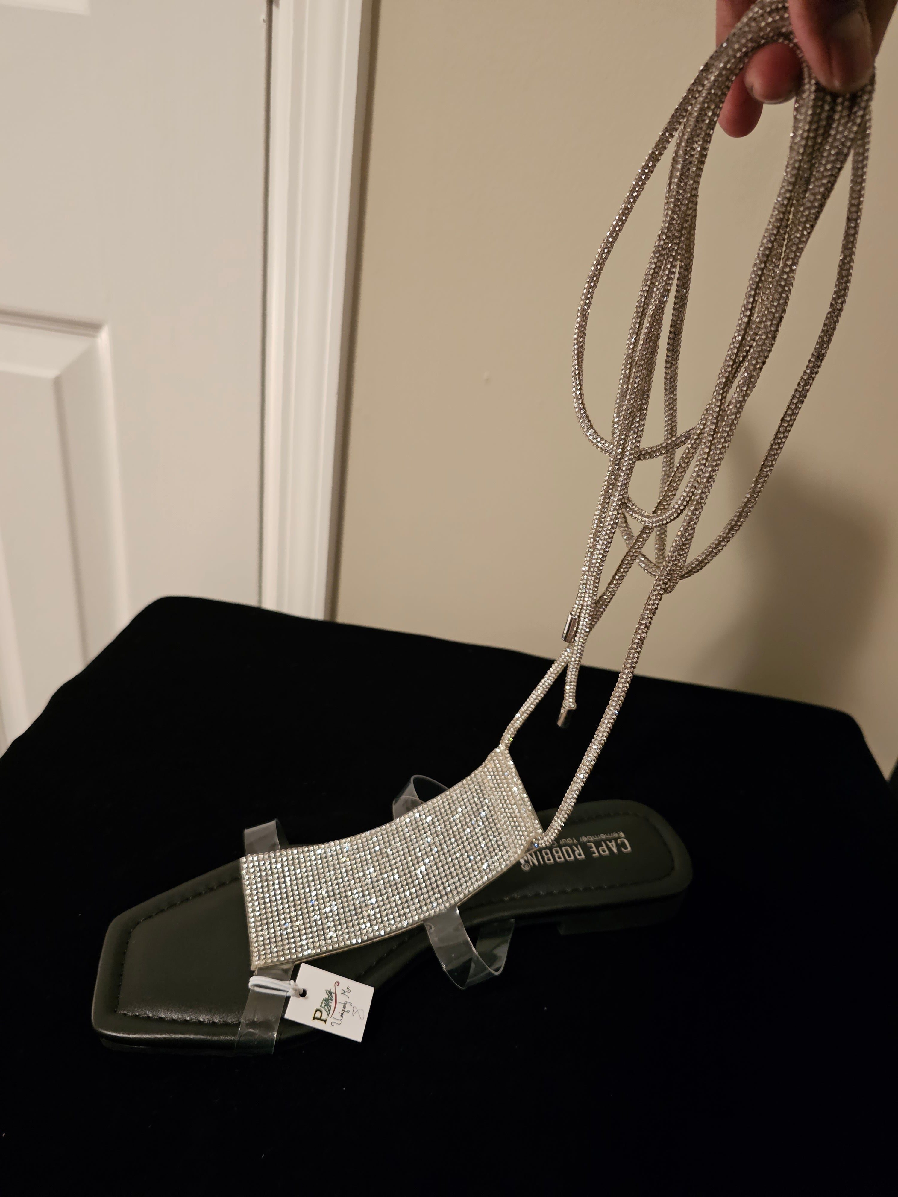 Black Rhinestone String-Up Sandels