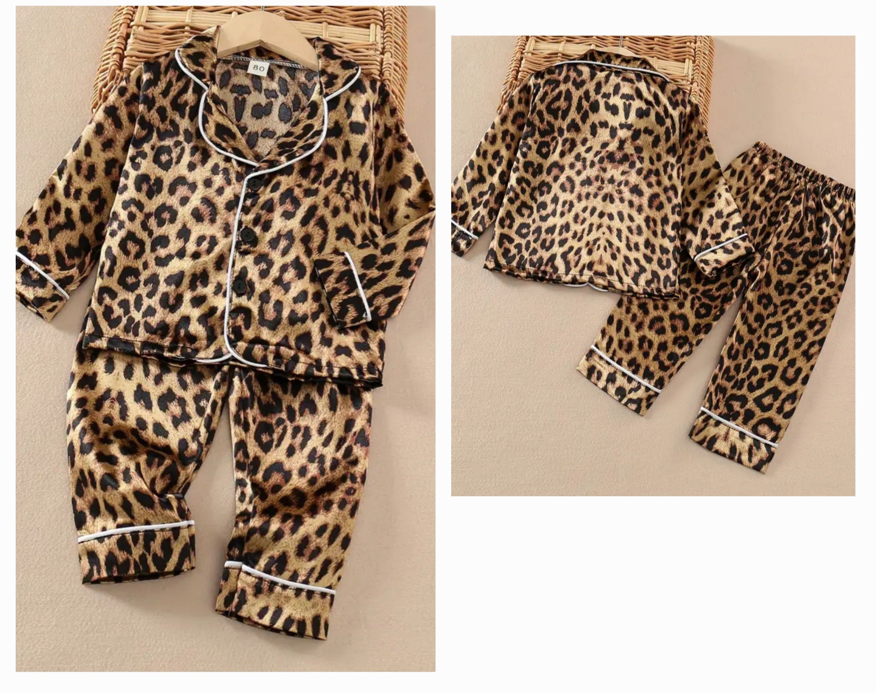 2-Piece Brown & Black Lepard Print Girls Pajama Pants Set