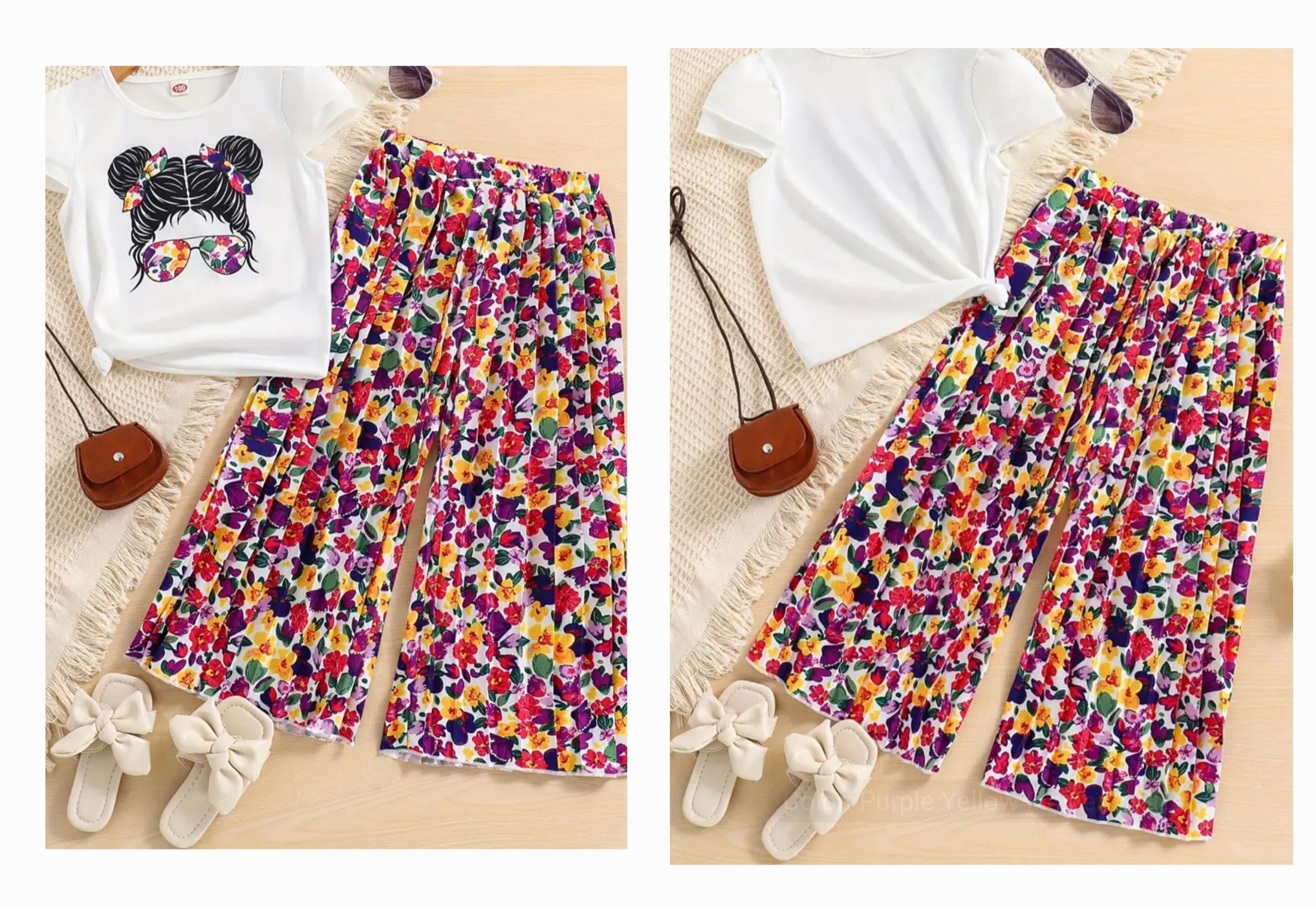 2-Piece White, Purple Pastel Pants Set