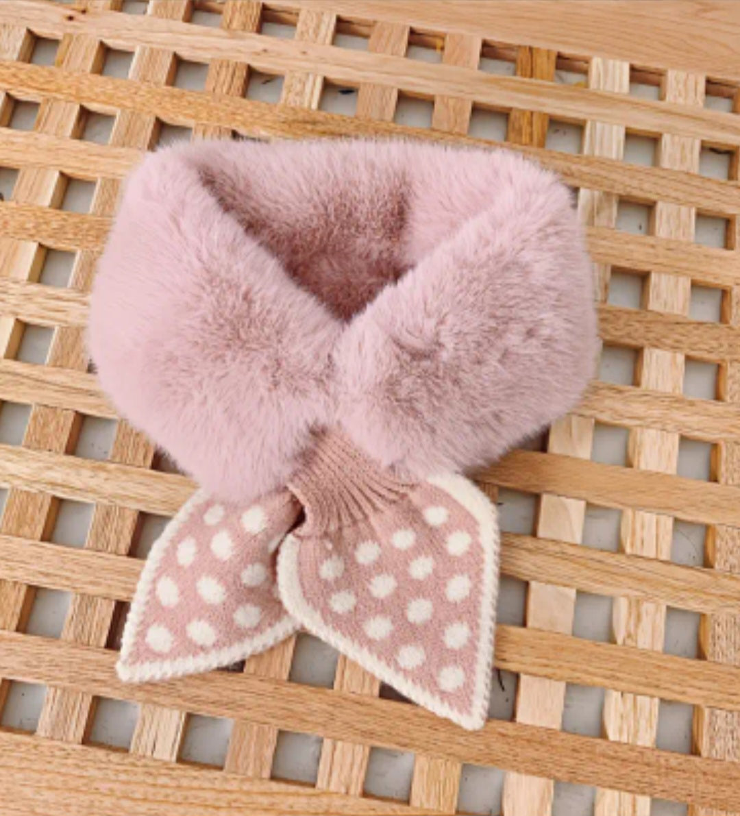 Pink Fur With Cream Pocka Dots Neck Scarf